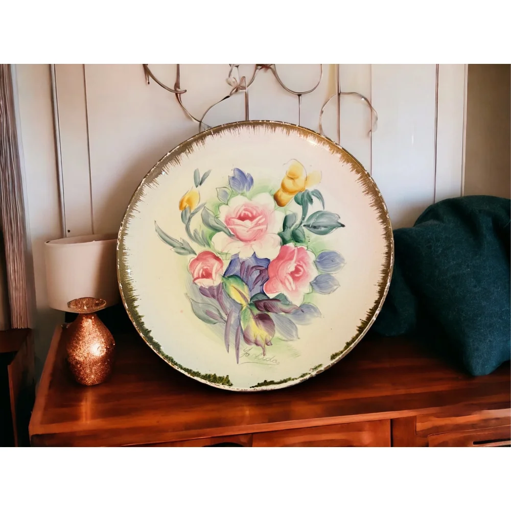 Gold Rimmed Cottagecore Plate Handpainted Rare Vintage Floral Pink & Yellow Gift